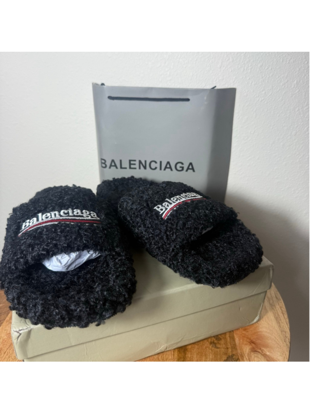 Balenciaga Black Red Logo Terry Cloth Slippers Size 12.5